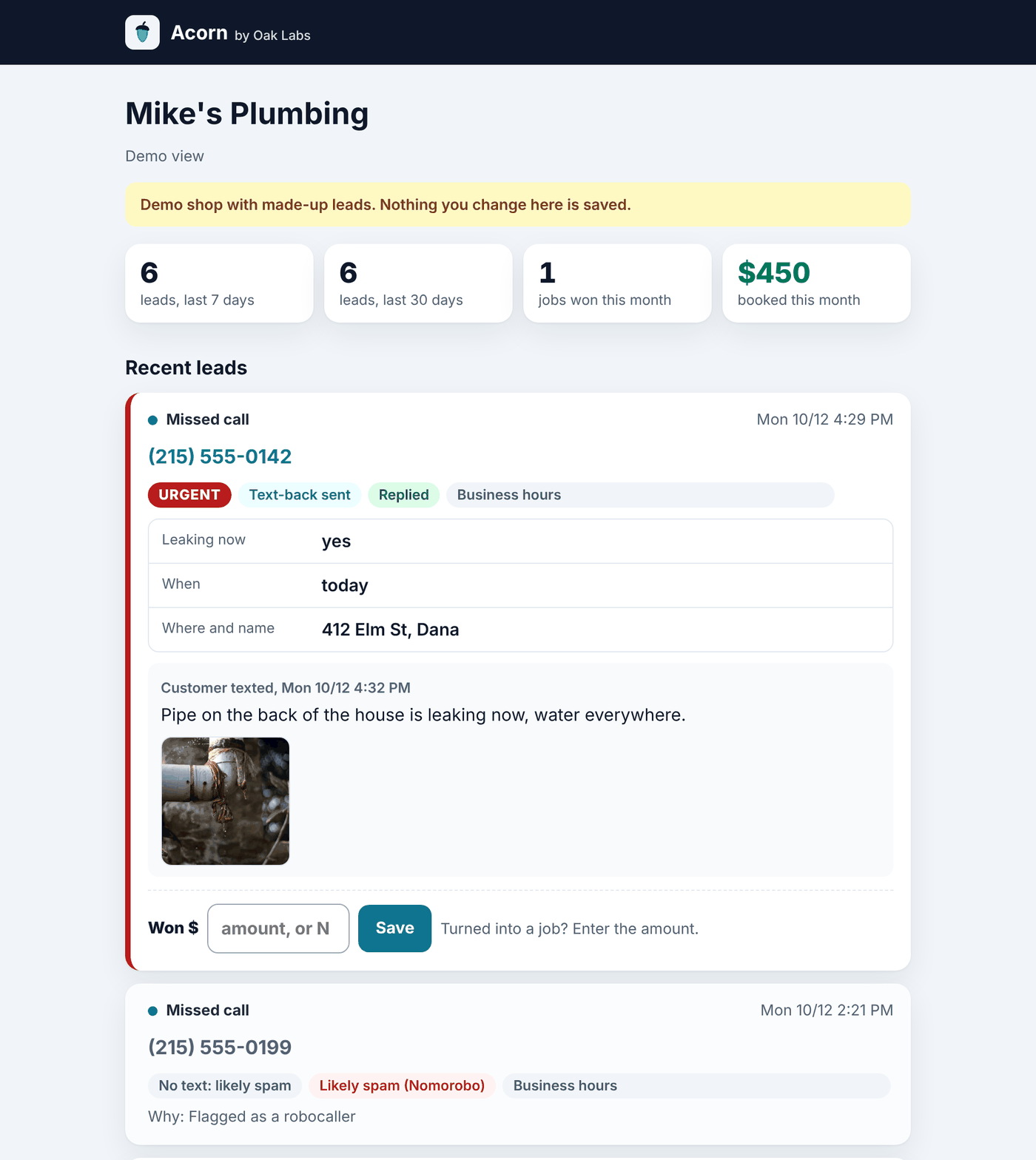 Acorn portal demo for Mike's Plumbing: stats for leads this week and month, jobs won and $450 booked, then an URGENT missed call with answers (leaking now: yes, when: today, where and name: 412 Elm St, Dana), the customer's text and photo of a leaking pipe, and a likely spam call that got no text.