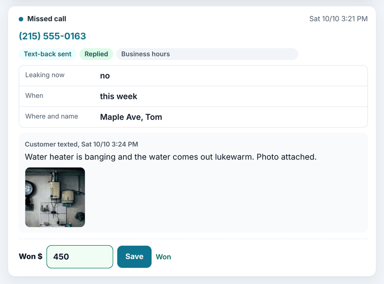 A lead card marked Won with $450 entered, showing the caller's answers and photo of a water heater.